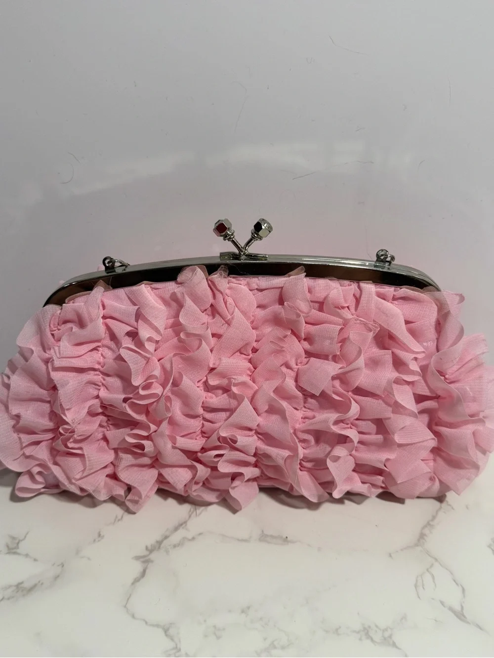 Pink Ruffle Evening Clutch/Crossbody Crystal Embellished Kiss-Lock Handbag